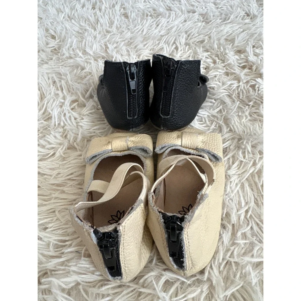 2 Pair Teg + Lai Kids Ballet Flats Shoes 1-Black 1- Tan Leather Bow Size‎ 6